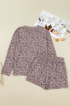 Khaki Leopard Ribbed Long Sleeve Top Drawstring Shorts 2pcs Outfit Short Sets 259234366e8de165