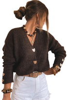 Chicory Coffee V Neck Metallic Heart Button Knit Cardigan Cardigans 259e2e8bae971257