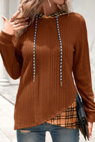Chestnut Plaid Patchwork Ribbed Knit Drawstring Hooded Top Long Sleeve Tops 25a250932366c54a