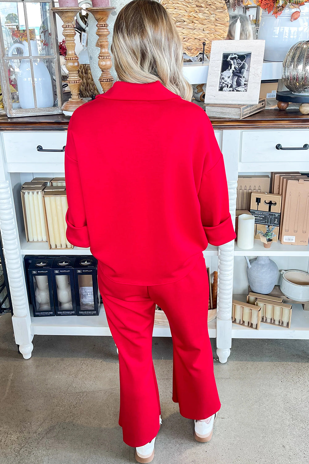 Fiery Red Plain V Neck Pullover Drawstring Bell Bottom Pants Set Two Piece Pants Sets 25ace31eec8950ed