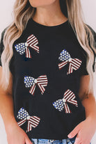 Black Sequined Flag Bowknot Graphic Roll Up Sleeve T Shirt Graphic Tees 25bdbf71afd4656a