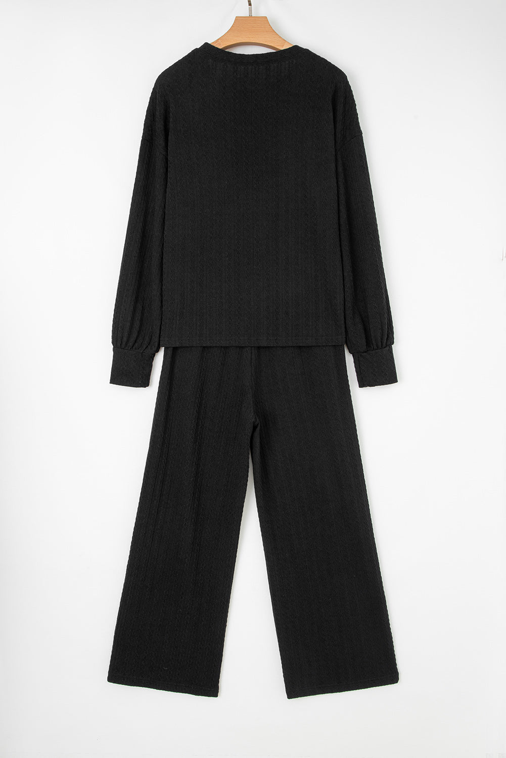 Black Textured Chest Pocket Drop Sleeve Top and Pants Set Two Piece Pants Sets 25d39cef272b04f7