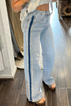 Beau Blue Contrast Stripe Frayed Side Patchwork Jeans Jeans 25d58ddc3ea8d36a