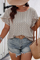 Khaki Geometric Print Frill Tulip Sleeve Plus Size Blouse Plus Size Tops 25f2173b9e9625e8