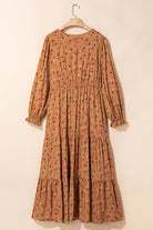 Brown Plus Size Floral Split V Neck Ruffled Sleeve Tiered Maxi Dress Plus Size Dresses 25fbaeab4324905f