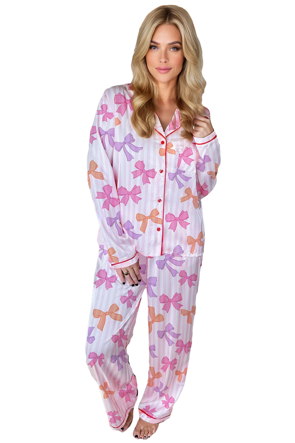 Pink Striped Bow Print Piping Trim Shirt and Pants 2pcs Pajama Set Loungewear Set 25fcde0def8393e9
