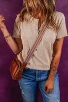 Oatmeal Short Sleeve Half Button Ribbed Top T Shirts 261b78fc5b9c79e4