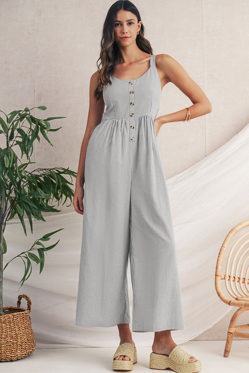 Black Stripe Half Buttoned Sleeveless Wide Leg Jumpsuit Jumpsuits 2626429fd006faca