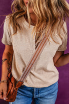 Oatmeal Short Sleeve Half Button Ribbed Top T Shirts 26264ea85bfff5c1