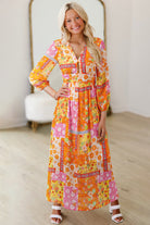 Orange Floral Patchwork Print Cut out Tied Back Bracelet Sleeve Maxi Dress Maxi Dresses 263039e4b6f3b3c5