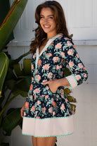 Blue Floral Print Striped Trim V Neck Long Sleeve Ruffle Hem Shift Mini Dress Floral Dresses 2665107eeae78676