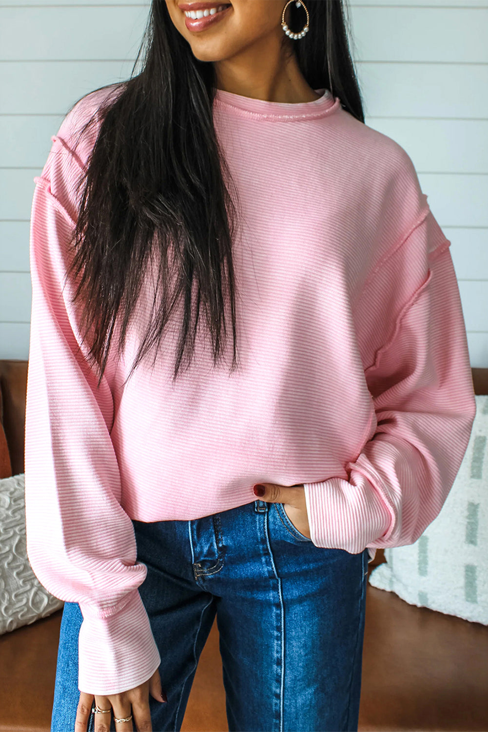 Pink Solid Color Exposed Seam Long Sleeve Top Long Sleeve Tops 267250f6af7068d2