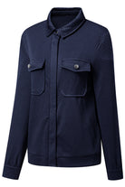 Navy Blue Solid Color Zip Up Button Flap Pocket Shirt Collar Jackets Jackets 267e1f831b745bf2