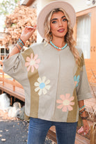 Light Blue Flower Patched Exposed Seam 3/4 Sleeve top Long Sleeve Tops 26a342d5523e3f0c