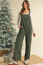 Jungle Green Plain Pocketed Loose Fit Corduroy Overalls Jumpsuits 26a7acd3df853075