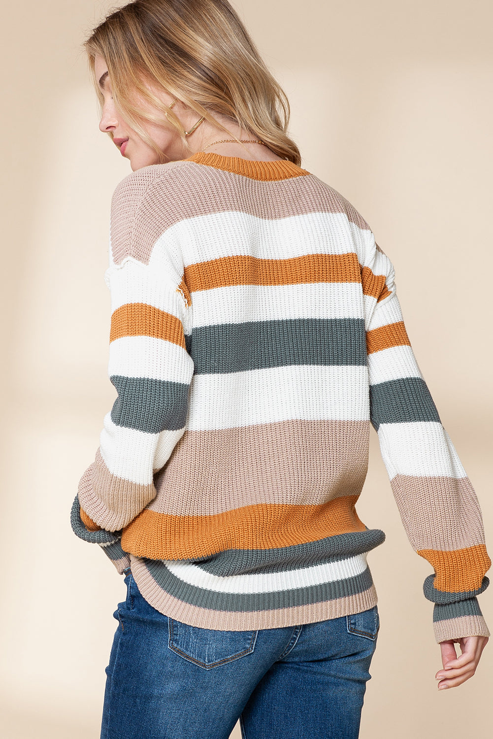 Camel Ribbed Round Neck Color Block Knitted Sweater Sweaters 26e01c944bfacbfb
