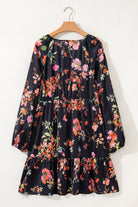 Black Plus Size Floral Print Tie Neck Cinched Waist Long Sleeve Mini Dress Plus Size Dresses 270d270742cb5b07