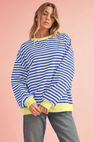 Blue Stripe Contrast Edge Cross Seam Oversized Pullover Sweatshirts & Hoodies 2721ed065ccaf6b7