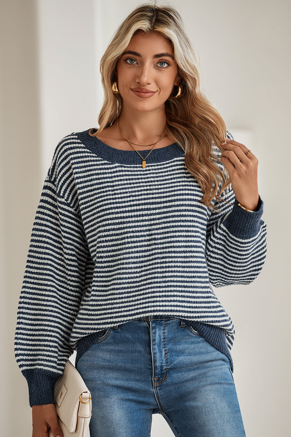 Sail Blue Striped Drop Shoulder Lantern Sleeve Sweater Sweaters 272c241aa7528dbf