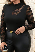 Black Plus Size Lace Patchwork Asymmetric Long Sleeve Top Plus Size Tops 273b6cf5f95b0108