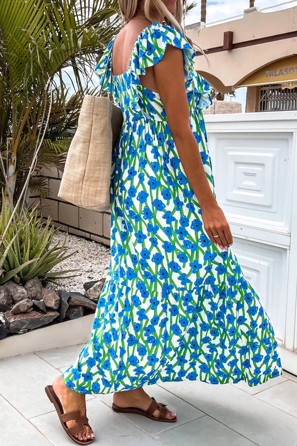 Blue Floral Print Square Neck Ruffled Strap Maxi Dress Maxi Dresses 27588eff271d2c38