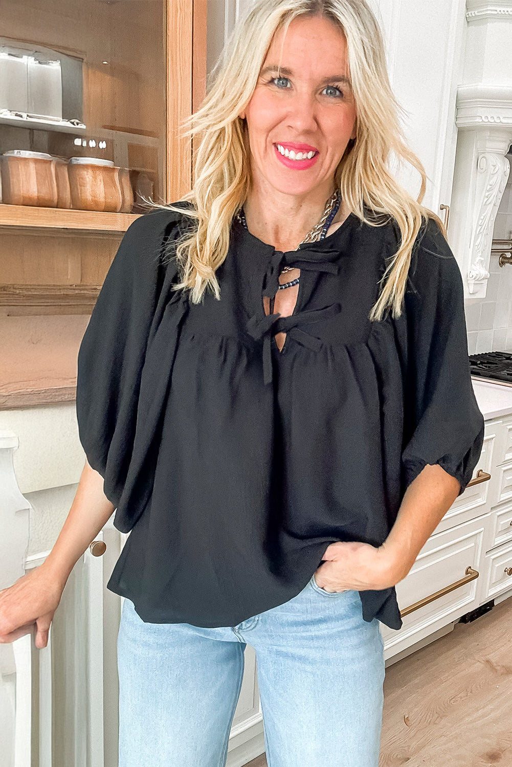 Black Bow Tie Neck 3/4 Sleeve Casual Blouse Blouses 27688ea5173a7152