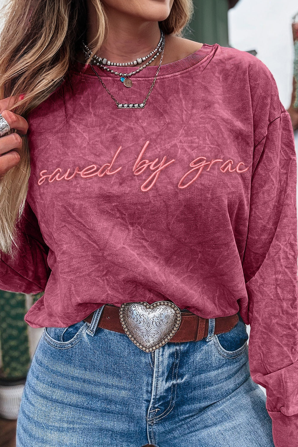 Mineral Red saved by grace Letter Embroidery Mineral Wash Loose Sweatshirt Sweatshirts & Hoodies 27717a8bd8ef6094