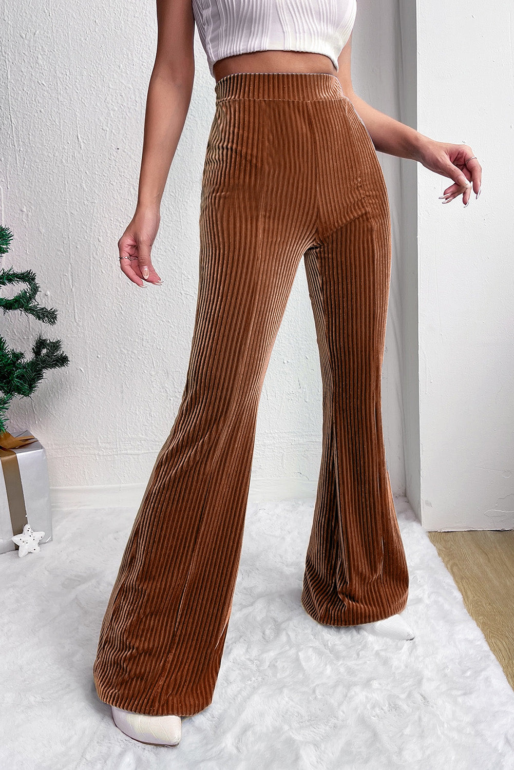 Chestnut Solid Color High Waist Corduroy Flare Pants Pants 278605249dfb2b7f