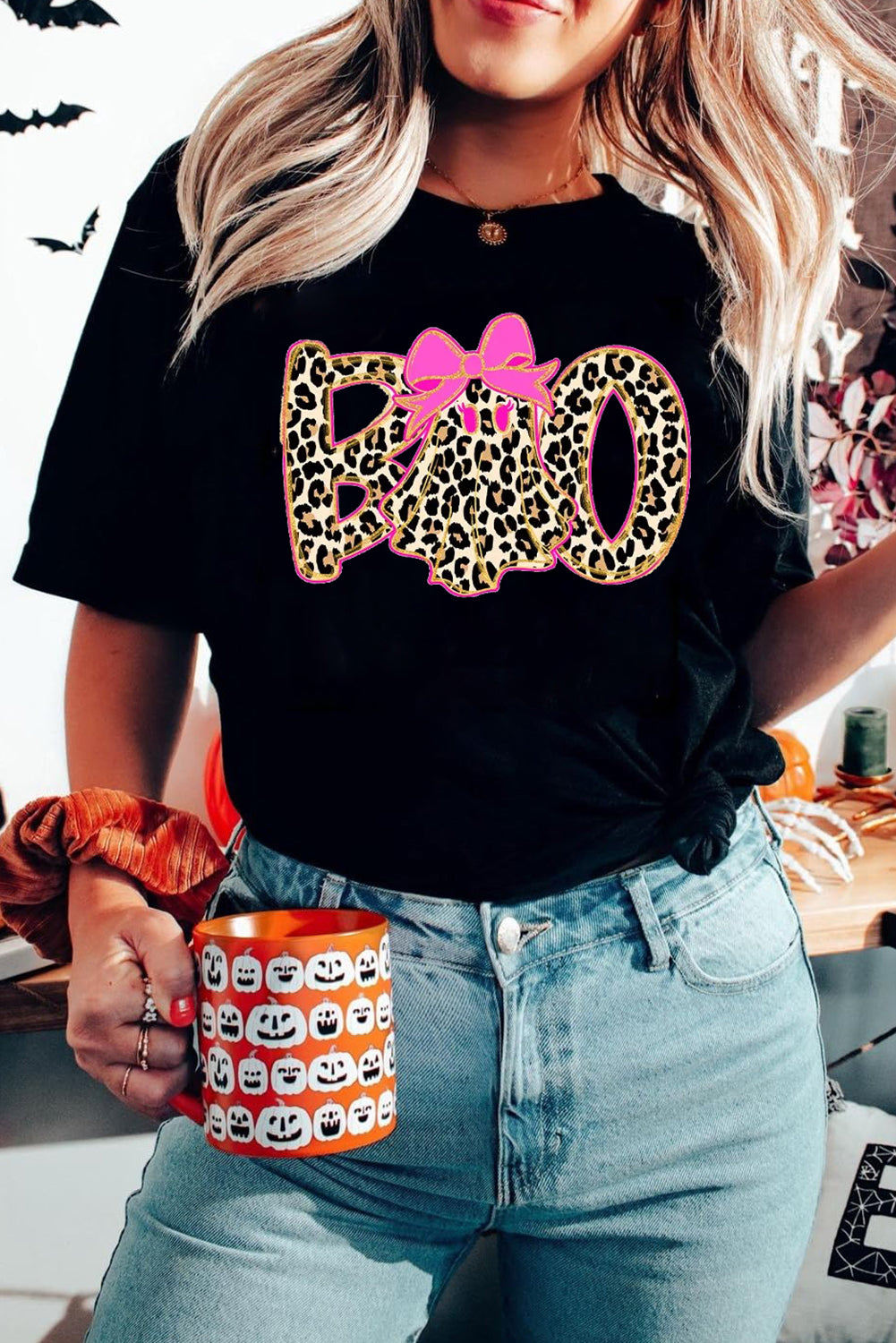 Black Leopard Ghost Boo Heat Transfer Printing Halloween T Shirt Graphic Tees 27b263d7ea8a067c