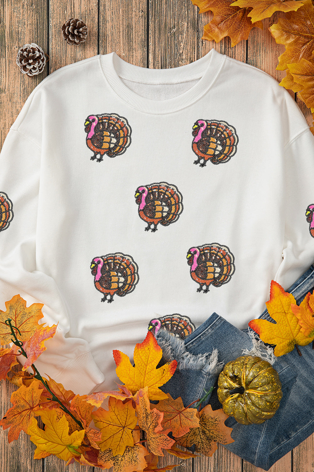 White Thanksgiving Turkey Sequins Patch Pullover Sweatshirt Graphic Sweatshirts 27b608f53186c055