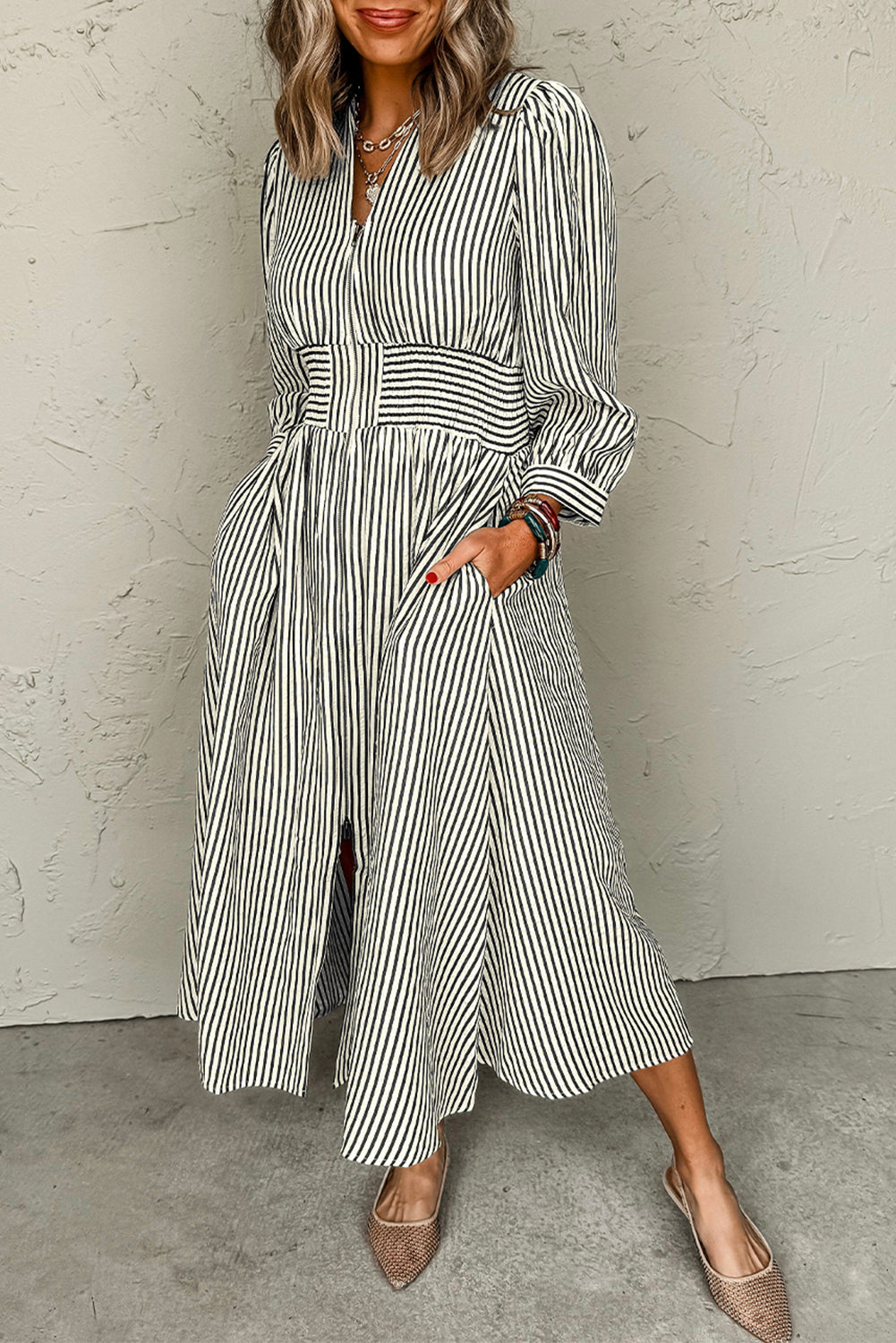 Black Striped V Neck Zip Front Cinched High Waist Midi Dress Midi Dresses 27bb3f01cdc2647d