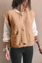 Light French Beige Big Button Accent Fuzzy Pocket Vest Vests 27c615cf3ebe3ef9