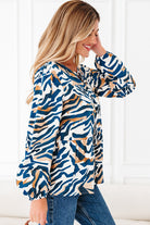 Blue Zebra Print Tied Front Puff Sleeve Top Blouses 27c686e653a62293