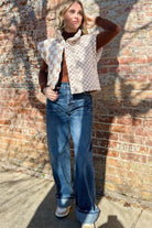 Khaki Plaid Stand Neck Button Down Vest Coats 27d2db4abc446056