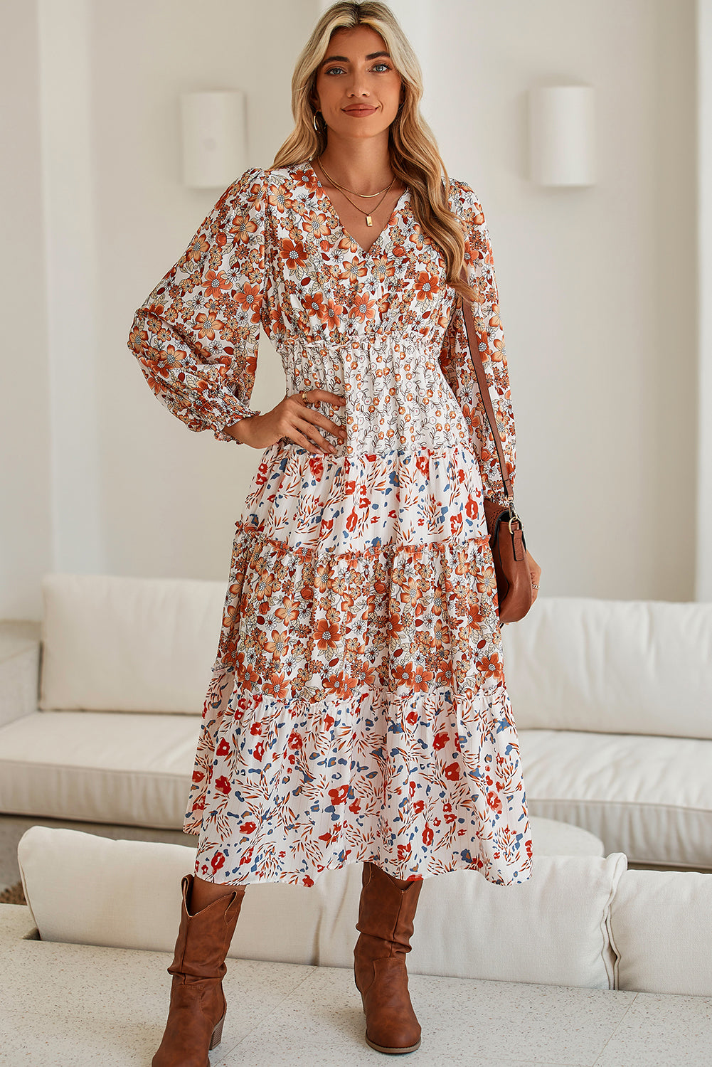 Khaki Floral Print Ruffled Tiered Long Sleeve V Neck Midi Dress Midi Dresses 27e014ad6d0f2c2e