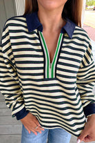 Navy Blue Pop of Color Zipper V Neck Striped Long Sleeve Top Long Sleeve Tops 28020e2a171e96f7