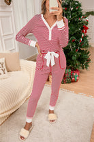 Red Stripe Buttoned V Neck Top and Knotted Waist Pants Pajama Set Loungewear Set 280f79d2732fbba3