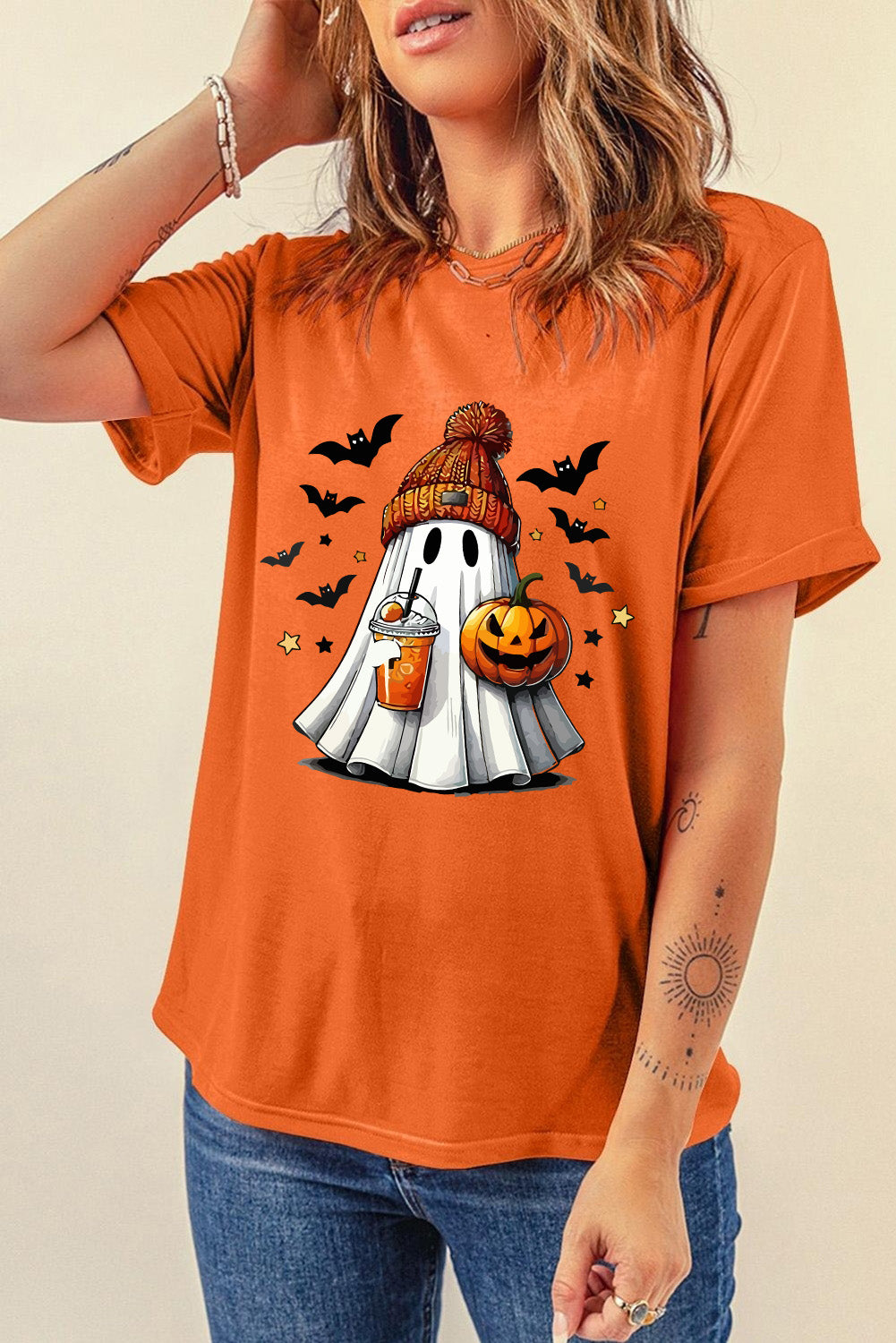Orange Playful Halloween Ghost Pumpkin Heat Transfer Printing Tee Graphic Tees 28138e16af7a0b1a