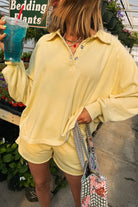 Yellow Cream Button Collar Drop Shoulder Pullover and Shorts Set Two Piece Shorts Sets 2844db7c24b34aa9