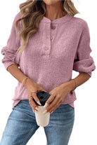 Pink Ribbed Texture Drop Shoulder Henley Knit Top Long Sleeve Tops 28492531f897f95e