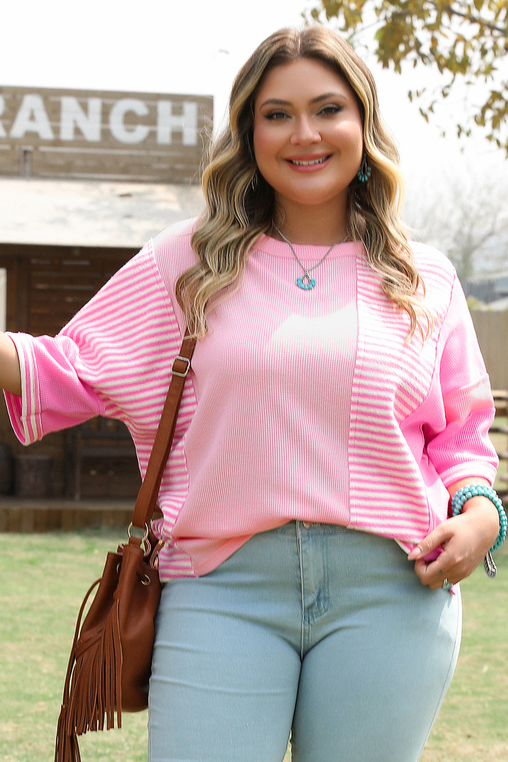 Pink Stripe Waffle Patchwork Plus Size T-Shirt Plus Size Tops 284ed58af3082cf2