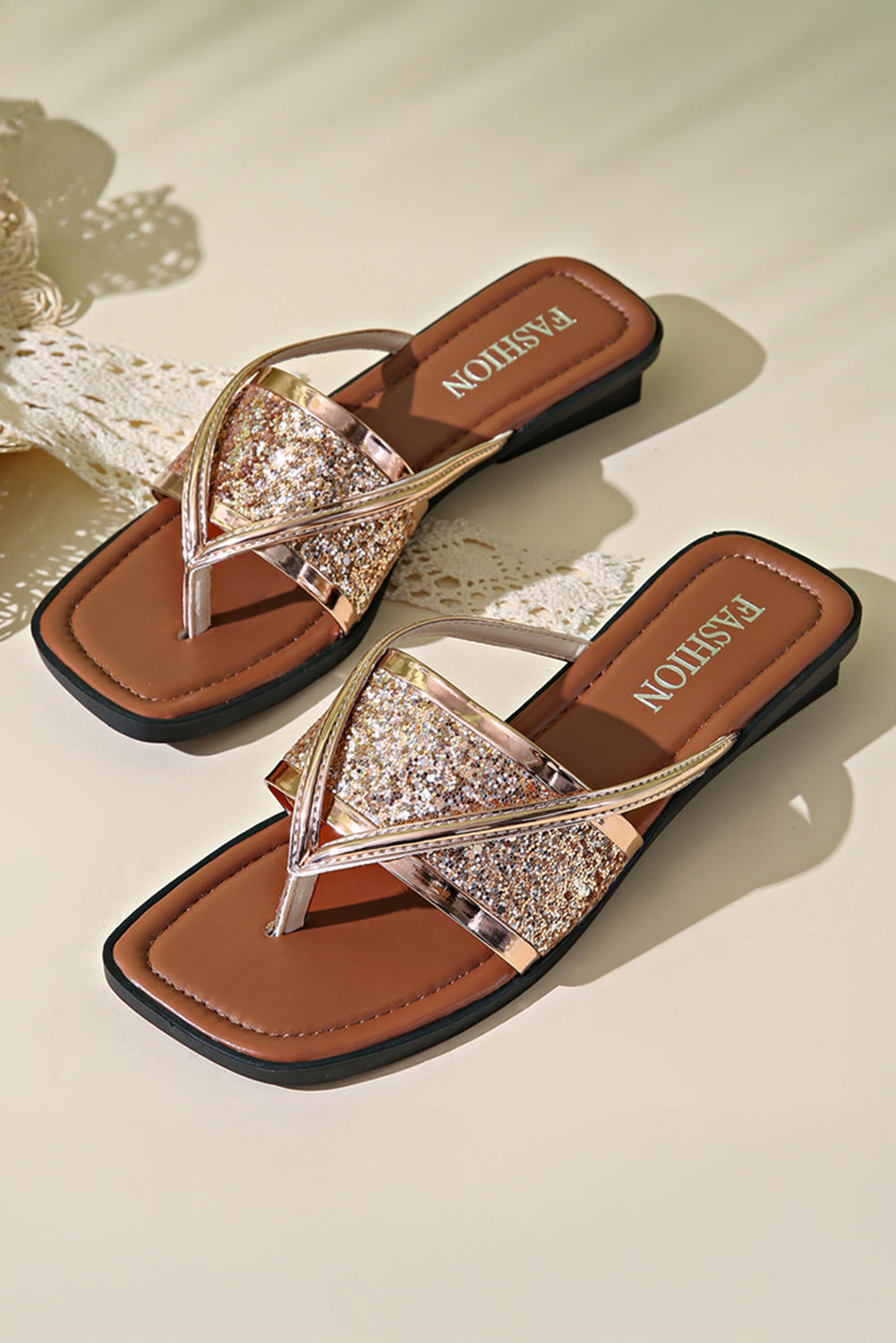 Gold Glitter Clip Toe Slippers Slides Shoes + Flip Flops 2854ce1b74f11a36