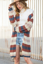 Dark Blue Color Block Striped Cut Out Knit Cardigan Cardigans 286fc667e0579912