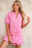 Pink Half Zip Puff Sleeve Top and Ruffle Shorts Set Two Piece Shorts Sets 28a09e418da82baa