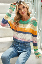 Green Colorblock Striped Hollow Knitted Top Knit Tops 28a6ce9d8c9ffd95