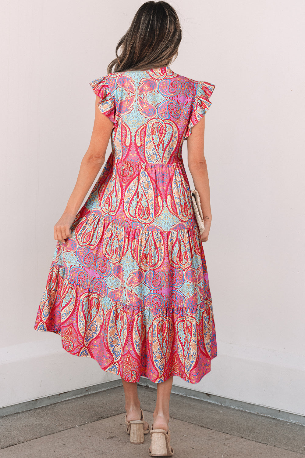 Rose Ethnic Paisley Print Ruffle Sleeve Notch Neck Midi Dress Midi Dresses 28a6f4f5835c330b