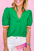 Bright Green Puff Sleeve Pop of Color Neckline Blouse Blouses 28e8d815fea91f0e