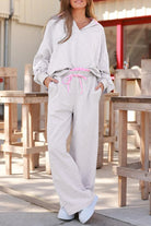 Light Grey Stripe Patchwork Loose Long Sleeve Top Drawstring Waist Pants Set Two Piece Pants Sets 290deeec7977c274
