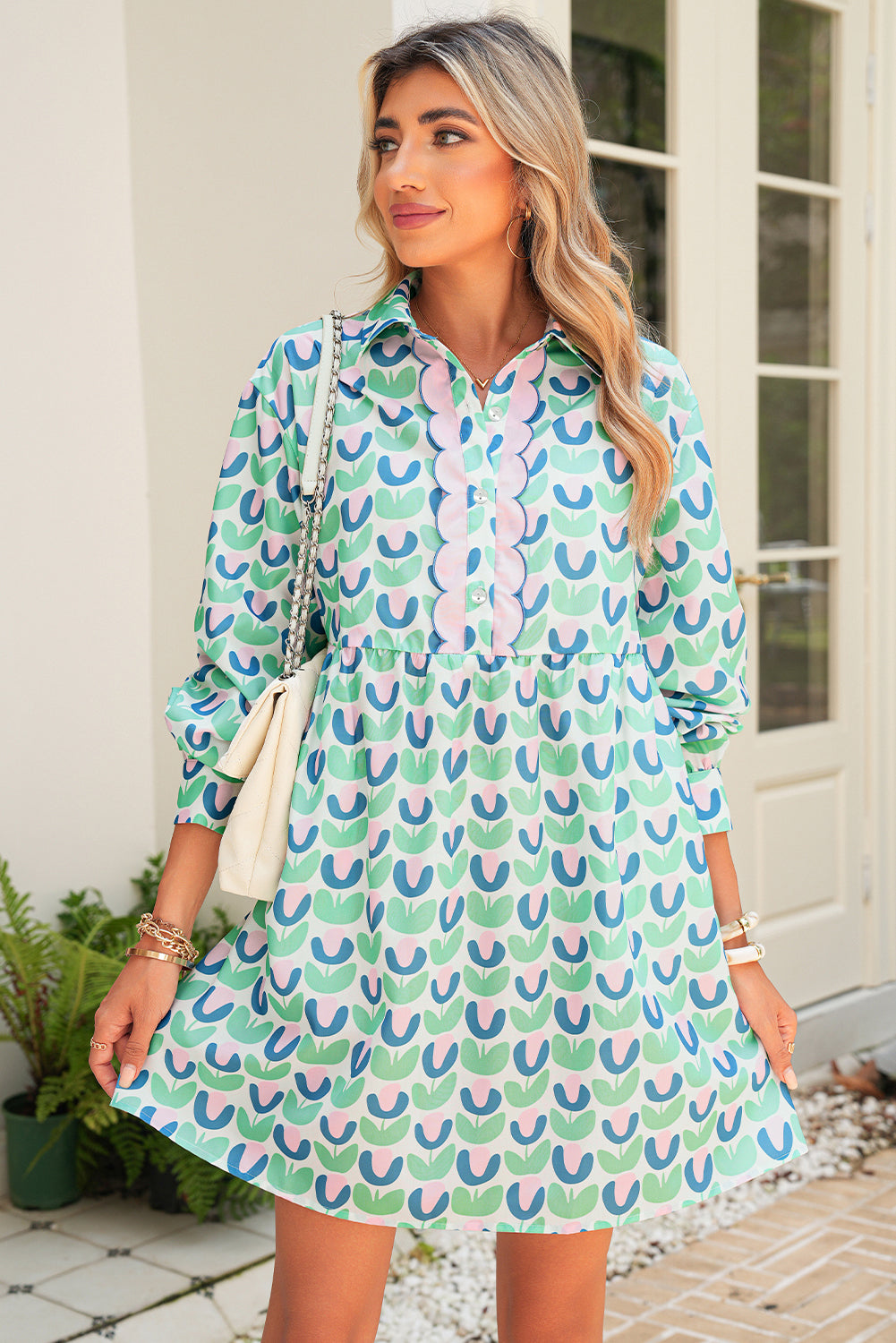 Green Floral Print Scallop Trim Pocket Mini Dress Short Dresses 2955cc80d02f07a2