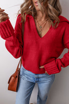 Flamingo Ribbed Edge Collared V Neck Loose Fit Sweater Sweaters 29b54307c039a5c4